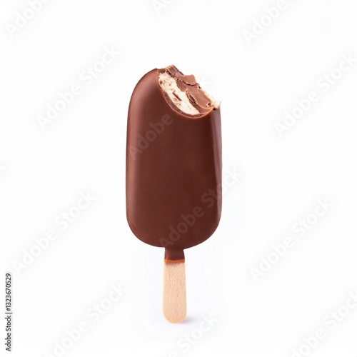 Chocolate covered vanilla ice cream bar on a wooden stick isolated over a white background. Clipping path included.