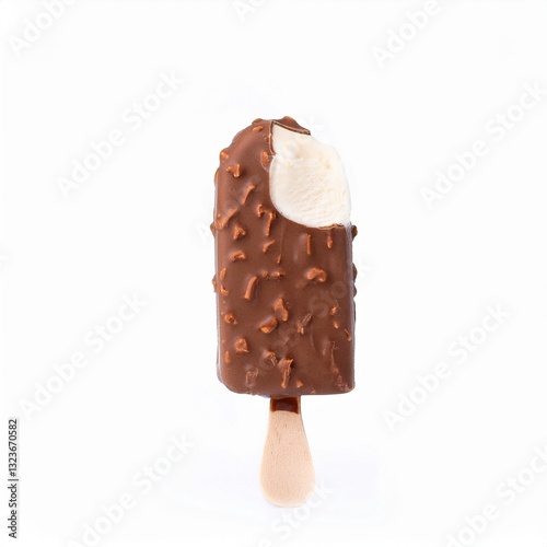 Vanilla ice cream popsicle with chocolate coating and almond isolated on a white background