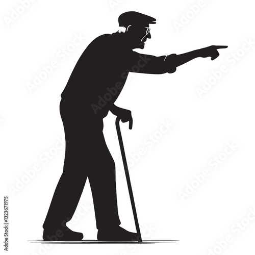 Judging Pointing Oldman silhouette, offering critique with experience - Oldman illustration - Minimalist Pointing Oldman vector - Elderly wisdom

