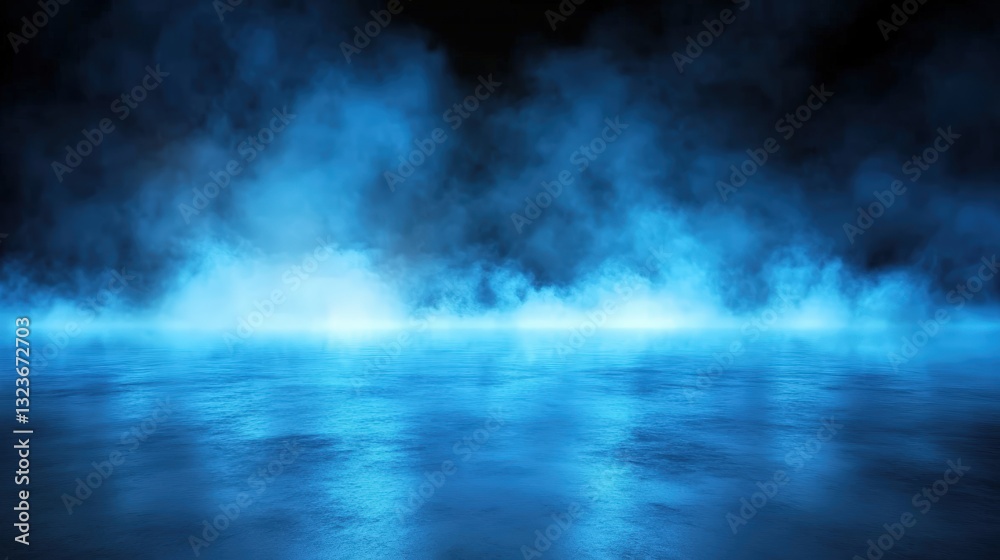 A mysterious blue fog envelops a dark landscape, creating an ethereal atmosphere with reflections on a still surface. A mysterious blue fog envelops a dark landscape, creating an ethereal atmosphere with reflections on a still surface.