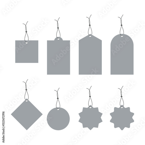 Blank white paper price tags or gift tags in different shapes. stickers for info or sale. set of labels with cord