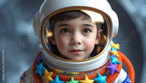 A young boy, with light skin, gazes dreamily in a colorful astronaut suit, helmet reflecting his adventurous spirit. photo