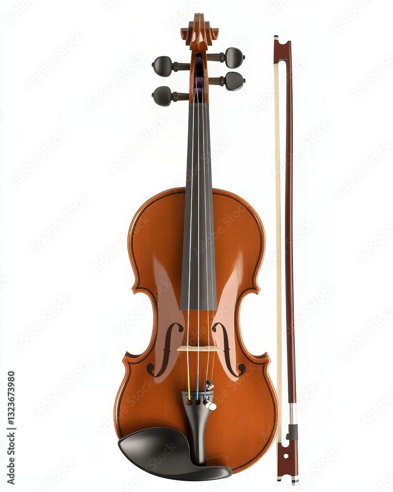 Fototapeta premium Classical Violin with Bow on White Background: A Stunning Image of a Musical Instrument