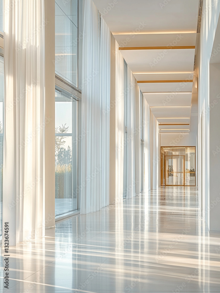 Fototapeta premium Bright and airy corridor with natural light and curtains