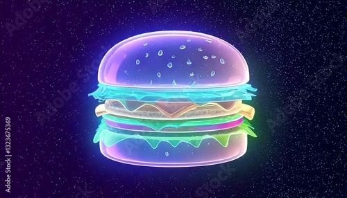 Vibrant neon burger animation cosmic space 3d rendering futuristic environment eye-catching viewpoint fast food concept