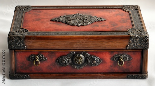 A meticulously crafted antique jewelry box, its wood body a tapestry of warm tones, adorned with intricate metal filigreework and a vibrant red finish that hinted at stories whispered within. photo