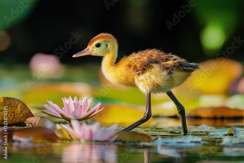 Waterlilies and Juvenile Wattled Jacana in Manu National Park, Peruvian Amazon