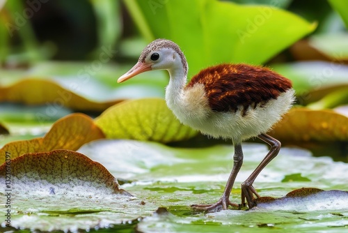 Waterlilies: Juvenile Wattled Jacana Walking on Leaves in Manu National Park, Peruvian Amazon