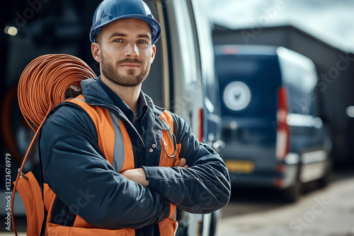 Portrait of a confident electrician holding a coil of electrical wire over his shoulder, standing in front of a van.
