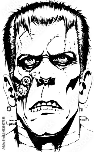 SVG vector features a classic Frankenstein�s Monster. Angry Creature with Mechanical Features and Scars