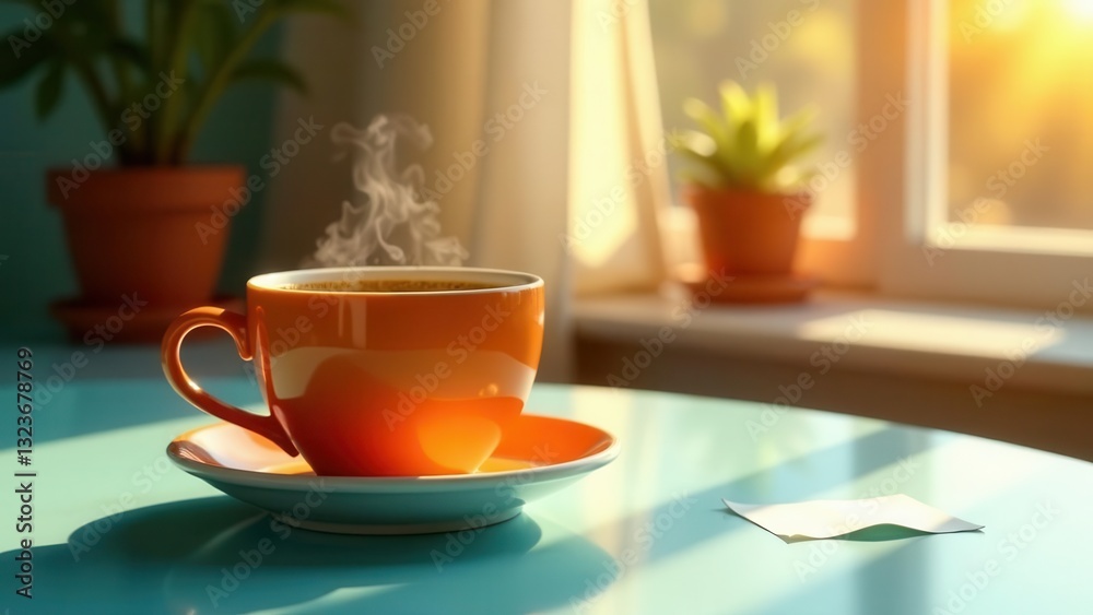 A warm cup of coffee sits on a teal table bathed in sunlight, steam rising gently, near a window with potted plants. A warm cup of coffee sits on a teal table bathed in sunlight, steam rising gently, near a window with potted plants.