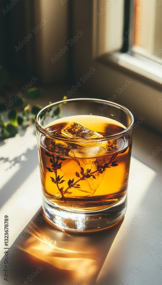 Whiskey Cocktail with Ice and Thyme Garnish, Enjoying a Refreshing Drink in Sunlight. Whiskey Cocktail with Ice and Thyme Garnish, Enjoying a Refreshing Drink in Sunlight.