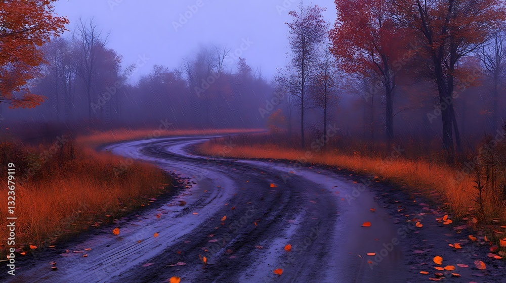 Fototapeta premium Rainy Autumn Road Winding Through a Forest