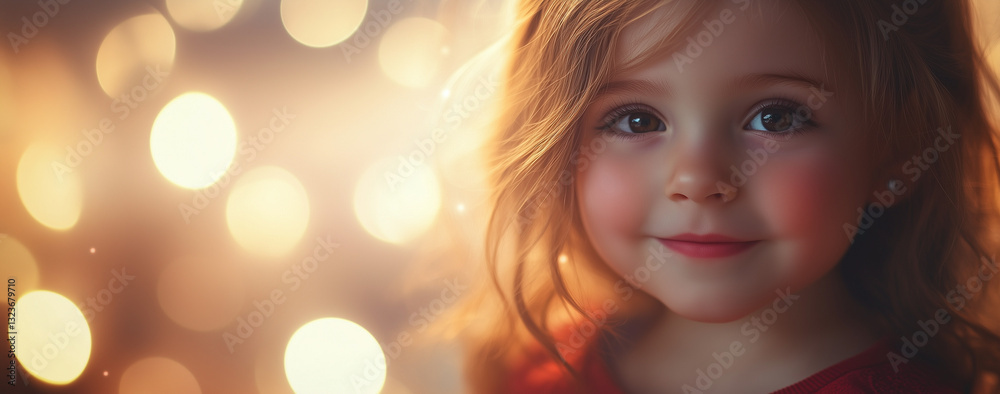 A close-up of a smiling young girl with festive bokeh lights in the background, symbolizing Eid Mubarak and Ramadan Kareem celebrations.