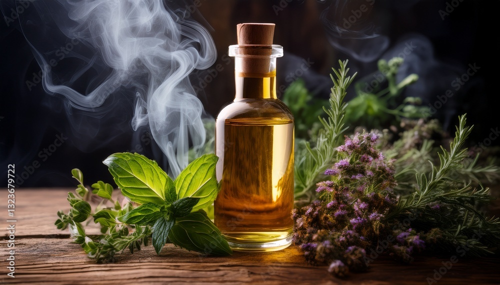 A detailed close-up shot of oil in a wooden bottle, surrounded by a smoky fragrance of freshly infused herbs, creating a mysterious and aromatic atmosphere.
A detailed close-up shot of oil in a wooden bottle, surrounded by a smoky fragrance of freshly infused herbs, creating a mysterious and aromatic atmosphere.