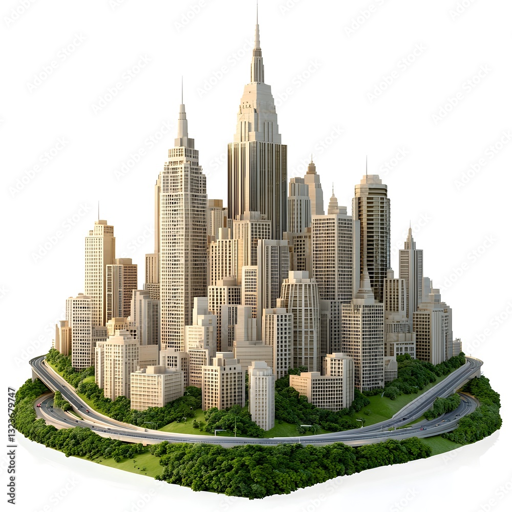 Obraz premium Isometric Cityscape Model Beige Skyscrapers and Green Highways