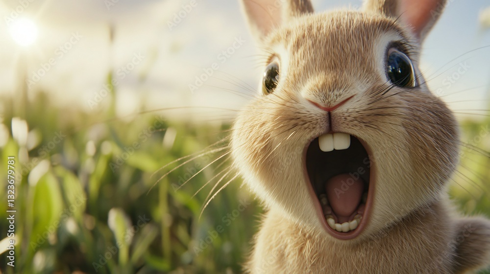 Playful cartoon rabbit expressing excitement, fluffy ears perked up, bright green grass background, perfect for children's themes. Playful cartoon rabbit expressing excitement, fluffy ears perked up, bright green grass background, perfect for children's themes.