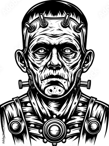 SVG vector features a classic Frankenstein�s Monster. Monochrome Portrait of a Vintage Monster Character