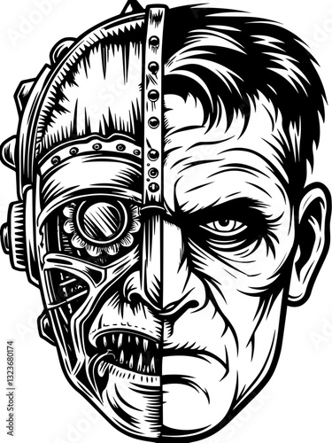 SVG vector features a classic Frankenstein�s Monster. Cyborg and Human Face Split Illustration in Black and White