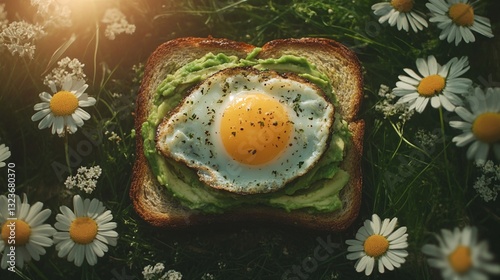 eggs and avocado sandwich toast on outdoor park with flowers blooming