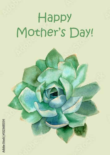 Mothers day greeting card. Watercolor 5x7 gift card with green echeveria succulent plant botanical illustration for mothers day gift