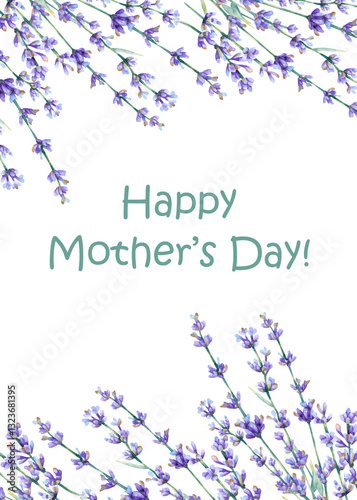 Mothers day greeting card. Watercolor 5x7 gift card with lavender flowers frame border illustration on background for mothers day gift