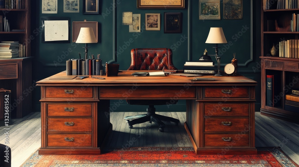 Fototapeta premium A vintage wooden writing desk with drawers in a classic study room.