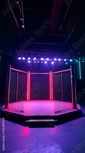 Octagon MMA cage in a dark arena with pink and purple lighting.