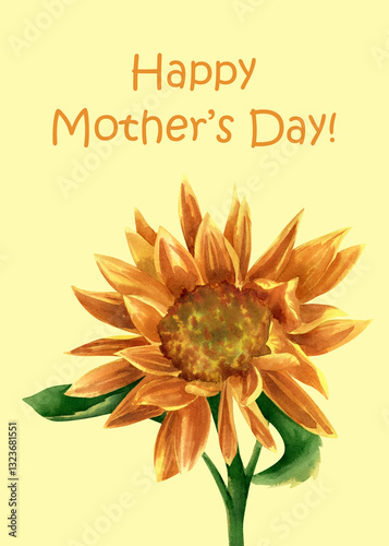 Mothers day greeting card. Watercolor 5x7 gift card with sunflower botanical illustration on yellow background for mothers day gift