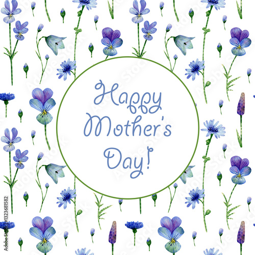 Mothers day greeting card. Watercolor square gift card with blue wildflowers pansies, chicory, bluebell flower floral ornament illustration for mothers day gift