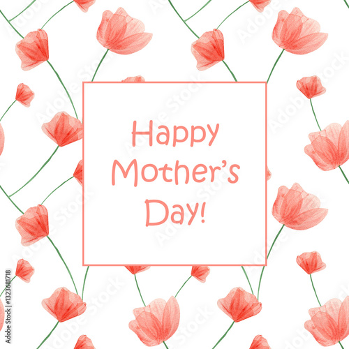 Mothers day greeting card. Watercolor square gift card with floral poppy flowers ornament on background illustration for mothers day gift