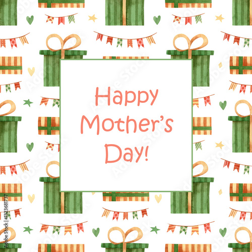 Mothers day greeting card. Watercolor square gift card with gift boxes and flag garlands illustration for mothers day gift