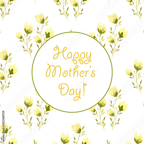 Mothers day greeting card. Watercolor square gift card with green and yellow abstract rose flowers background illustration for mothers day gift