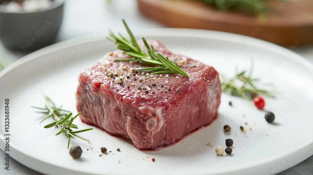 A pristine white plate, bathed in soft, natural light, cradled a succulent cut of fresh meat, its vibrant hues enhanced by a fragrant sprig of rosemary and a glistening meat thermometer peeking out A pristine white plate, bathed in soft, natural light, cradled a succulent cut of fresh meat, its vibrant hues enhanced by a fragrant sprig of rosemary and a glistening meat thermometer peeking out