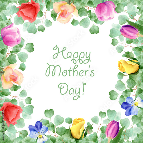 Mothers day greeting card. Watercolor square gift card with green eucalyptus leaves, pink tulips, yellow rose, blue pansies, red poppy flowers frame background illustration for mothers day gift