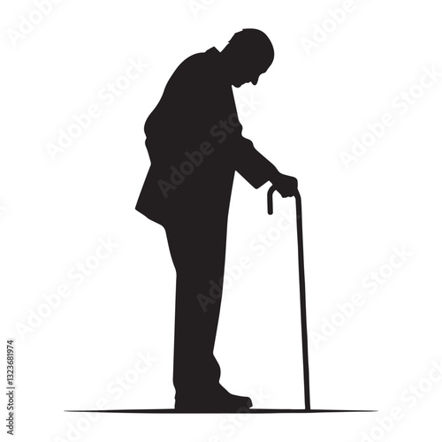 Solitary Oldman Leaning on Cane silhouette, reflecting on life’s journey - Oldman illustration - Minimalist Oldman vector - Nostalgic elder
