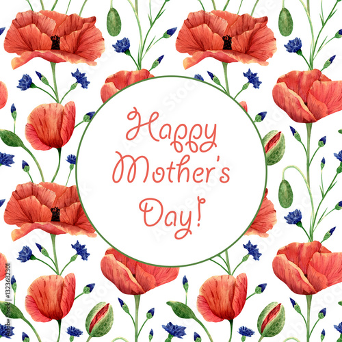 Mothers day greeting card. Watercolor square gift card with poppy flowers and bud, cornflowers floral ornament botanical illustration for mothers day gift