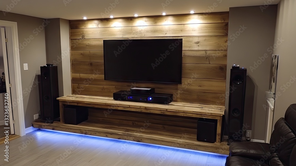 Fototapeta premium A wooden pallet entertainment center with mounted lighting.
