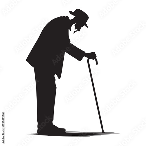 Tired but Wise Oldman Leaning on Cane silhouette, a life well-lived - Oldman illustration - Minimalist Oldman vector - Knowledgeable figure
