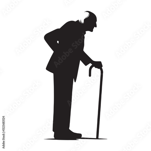 Classic Gentleman Oldman Leaning on Cane silhouette, a refined elder - Oldman illustration - Minimalist Oldman vector - Noble presence
