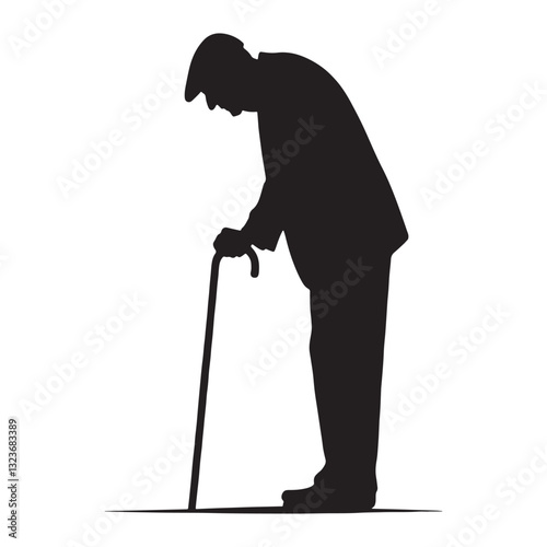 Aged Traveler Oldman Leaning on Cane silhouette, a man of past and present - Oldman illustration - Minimalist Oldman vector - Wandering elder
