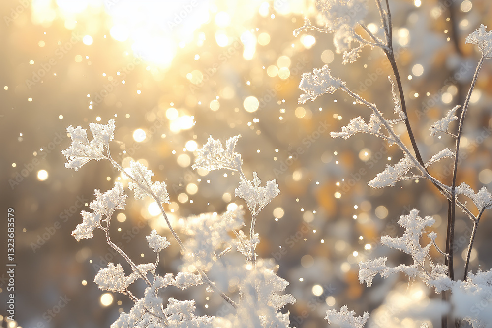 Magical Sunlit Snowfall in a Forest – Bright Sunlight Streaming Through Falling Snowflakes Creates a Surreal Glow