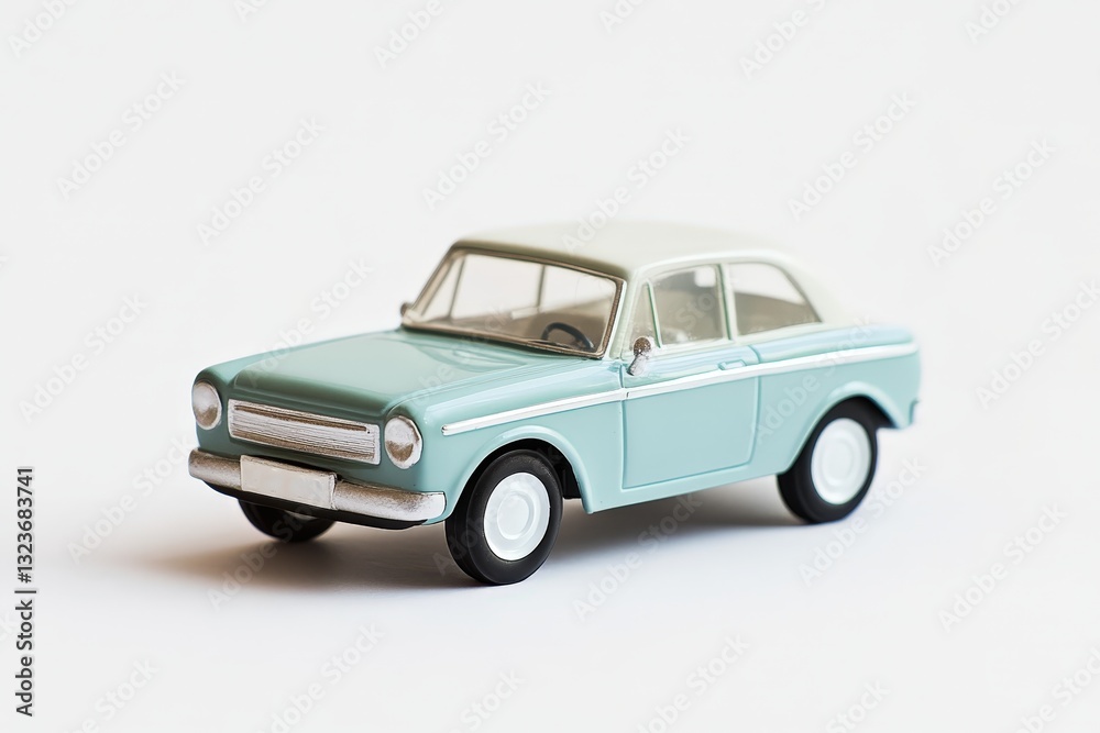 Obraz premium A small vintage blue and white toy car on a white surface