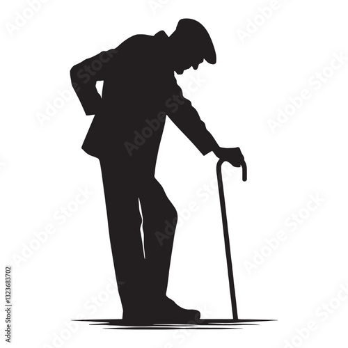 Enduring Oldman Leaning on Cane silhouette, braving the passage of time - Oldman illustration - Minimalist Oldman vector - Lifetime survivor
