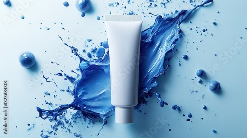 A sleek white tube, adorned with a bold blue splash effect, embodies modern minimalist skincare aesthetics, promising efficacy and sophistication.