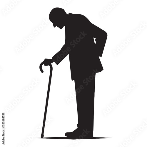 Weary Oldman Leaning on Cane silhouette, a testament to resilience - Oldman illustration - Minimalist Oldman vector - Elderly figure
