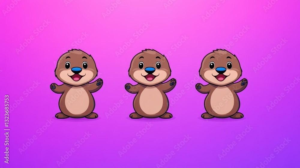 Obraz premium Three adorable cartoon otters wave happily, surrounded by a vibrant purple backdrop. Their playful expressions and cheerful postures add a sense of joy and liveliness