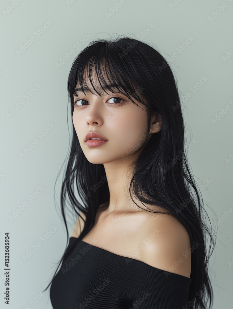 Fototapeta premium 美肌のロングヘアのクール系の美しい目の女性 かっこいい 媚びない表情