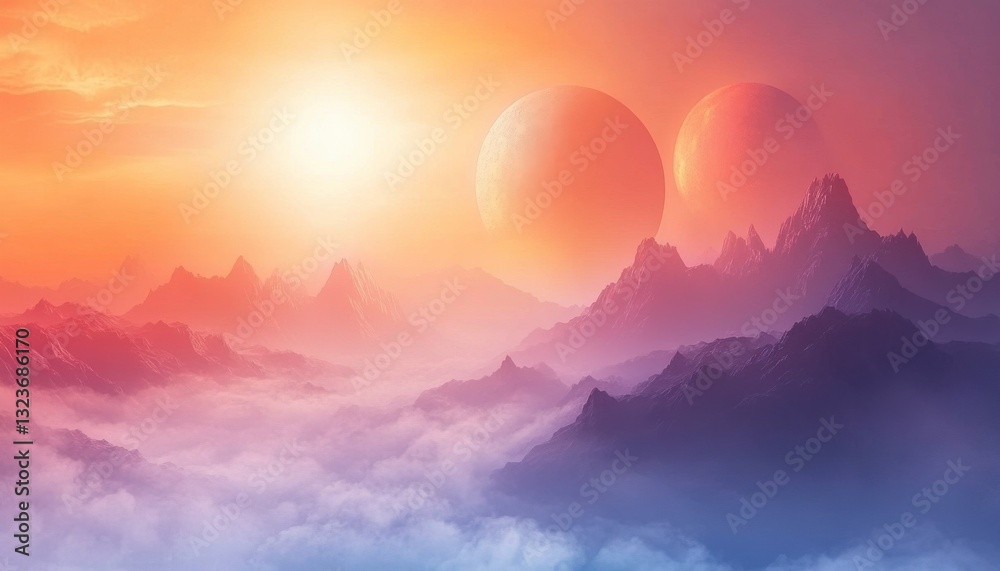 Fototapeta premium Surreal Landscape with Two Planets and Misty Mountains