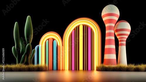 Neon Lit Multicolored Arches and Striped Towers with Cacti